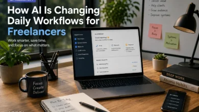 Modern AI productivity workspace showing how freelancers use AI workflows for writing, organization, and client work