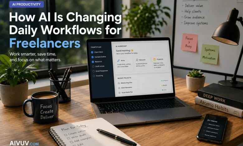 Modern AI productivity workspace showing how freelancers use AI workflows for writing, organization, and client work