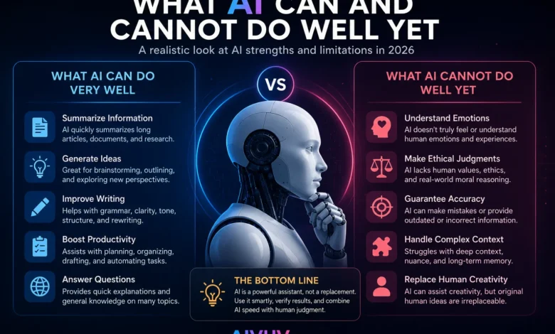 What AI can and cannot do well in 2026 including productivity, reasoning, creativity, and AI limitations